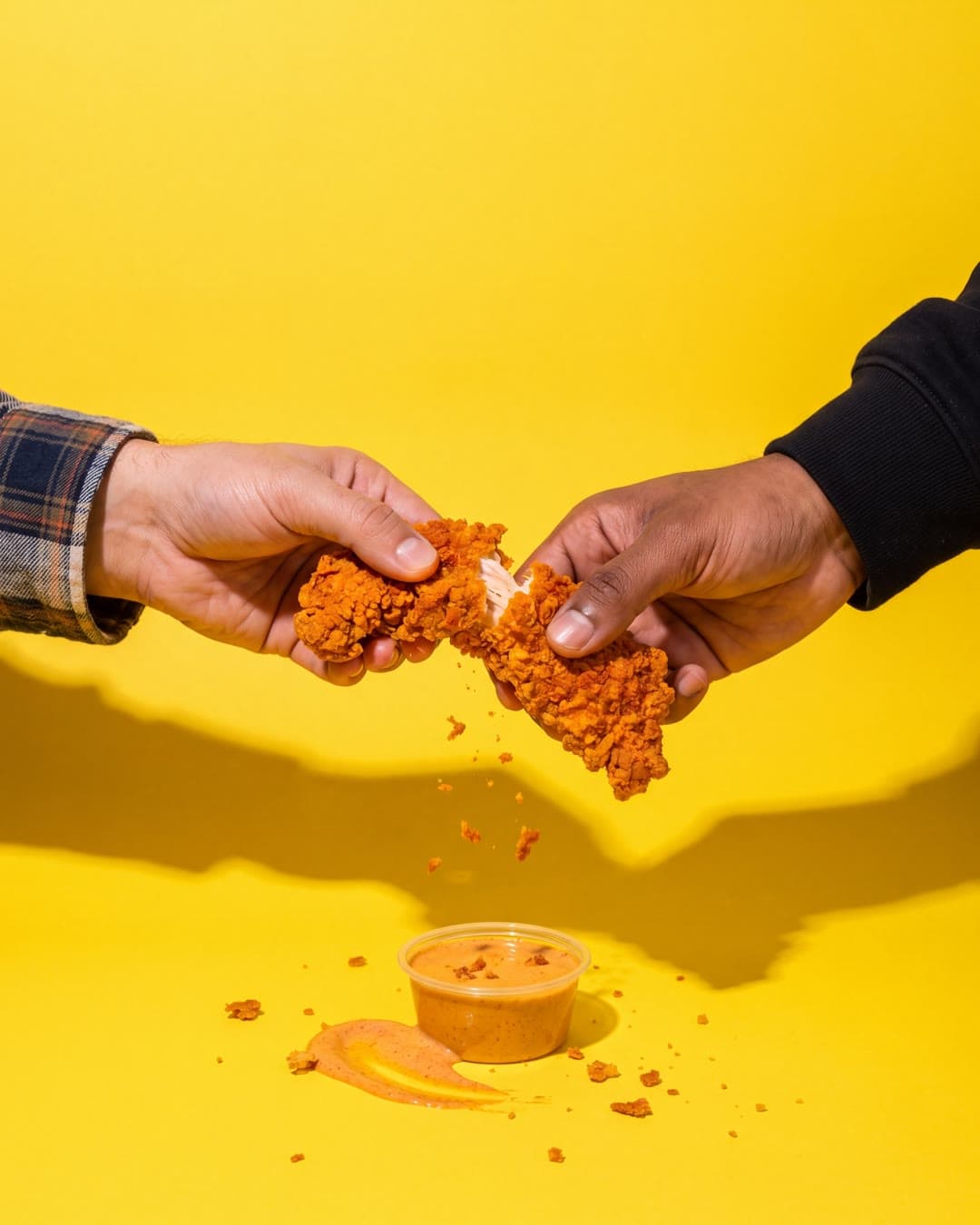 Restaurant ad creative: two hands pulling a tender apart on yellow