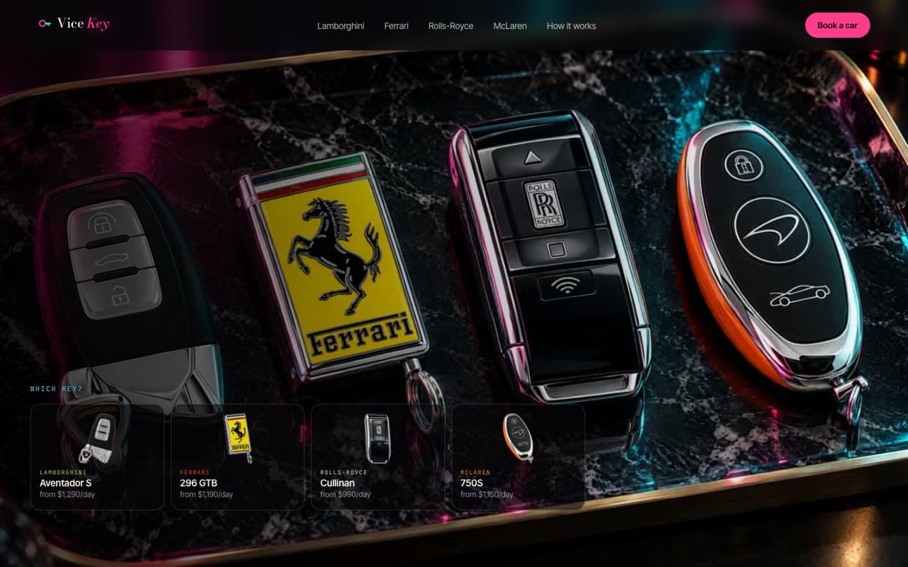 Vice Key Exotics website (Exotic car rentals)